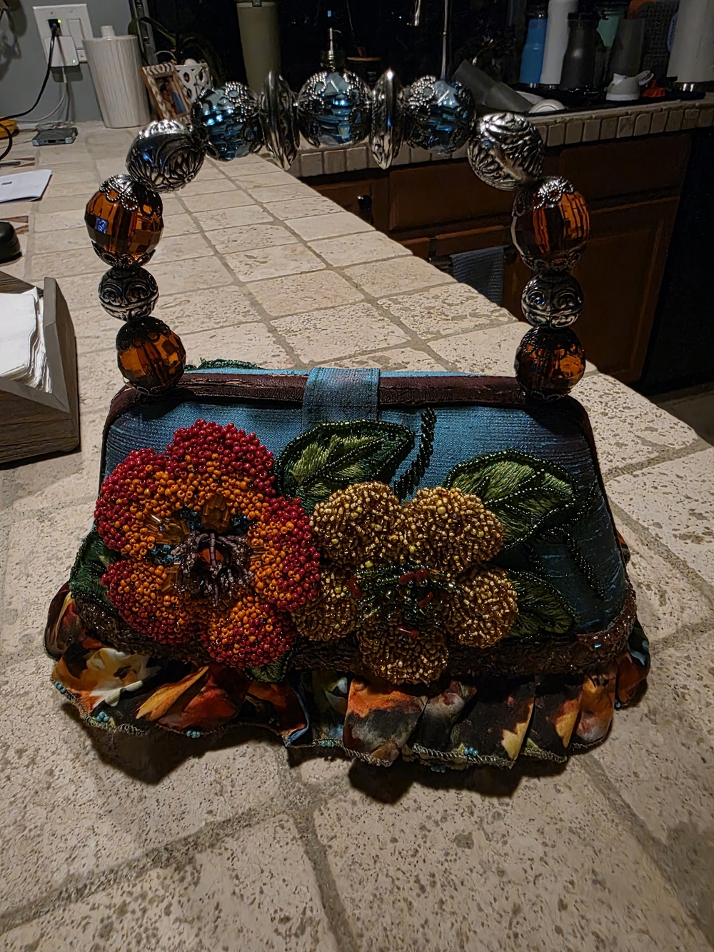 Mary Frances Embellished Blue Floral Beaded Handle Handbag